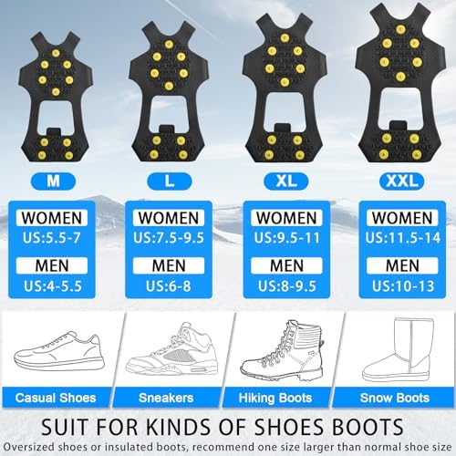 Ice Cleats for Shoes and Boots Men Women Winter Walking Ice Snow Cleats Anti Slip Snow Traction Shoes Crampons 10 Steel Studs Overshoe Slip-on