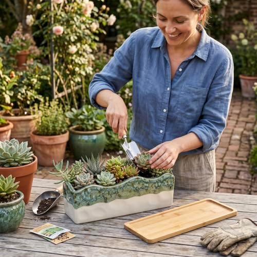 MyGift Beige Green Ceramic Glazed Rectangular Succulent Planter Pot