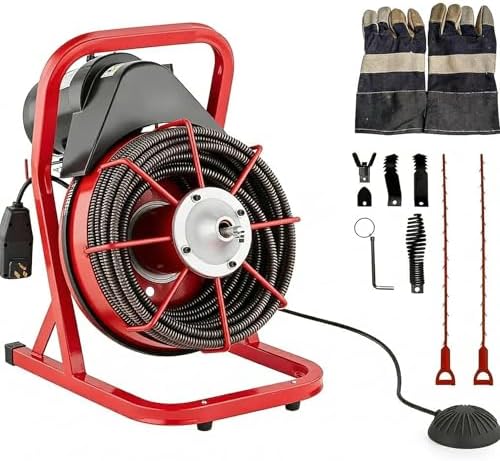 100Ft 3/4 Inch Drain Cleaning Machine. Sewer Snake 750w Auto Feed | Portable Drain Cleaning Machine Electric Drain Auger Sewer Auger with 6 Cutter Air-Activated Foot Switch for 4" to 8" Pipes