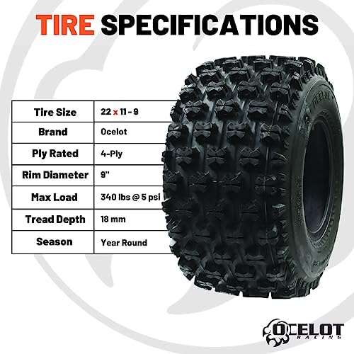 P357 ATV Rear Tire 22x11-9 GNCC Holeshot Sport RAZR Style 4-Ply Bias Construction with Non-Directional Tread Pattern For Durability, Grip