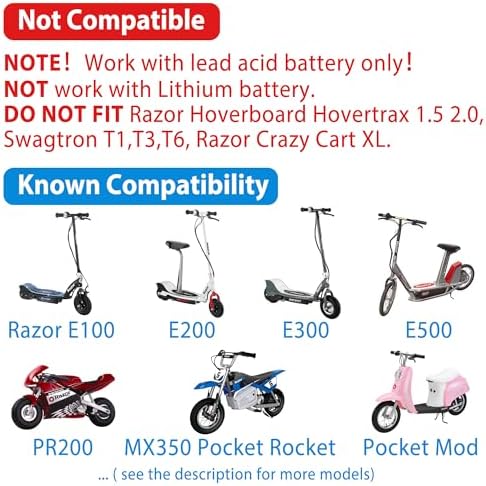 LotFancy 24V 1.5A Electric Scooter Charger for Razor E100, E200, E300, E500, PR200, MX350, Dirt Bike, Pocket Mod, Sports Mod, and Dirt Quad