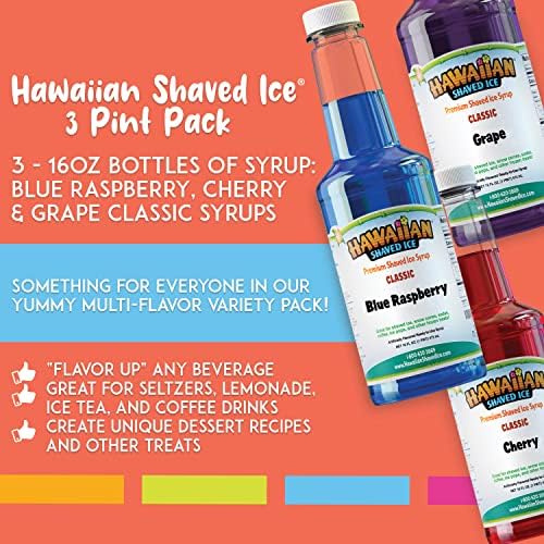 Hawaiian Shaved Ice Syrup Assortment, 3 - 16oz Bottles Of The Most Popular Flavors: Cherry, Grape, Blue Raspberry. Perfect For Shaved ice, Snow Cones