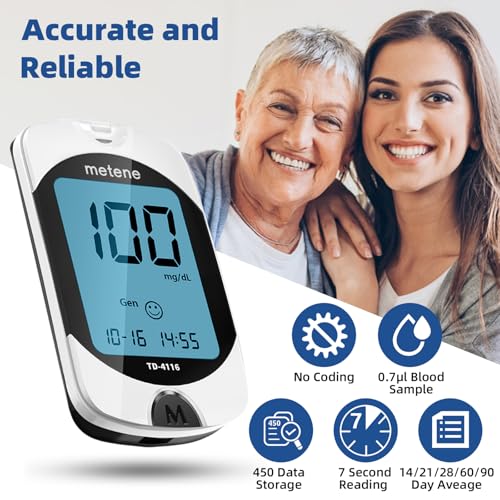 Metene TD-4116 Blood Glucose Monitor Kit, 100 Glucometer Strips, No Coding