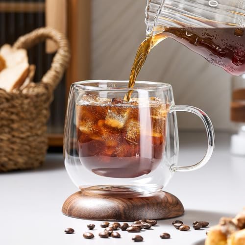 4 Pack Double Walled Glass Coffee Mugs, 16 oz Large Insulated Clear Coffee Cups with Handle, Cappuccino Mug for Espresso, Latte, Americano, Tea Bag