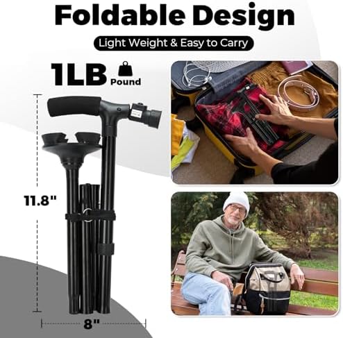 Walking Cane for Men Women: Ohuhu Walking Canes with LED Light Folding Walking Stick Adjustable Free Standing Canes with Wrist Strap Travel Bag for Seniors Adults