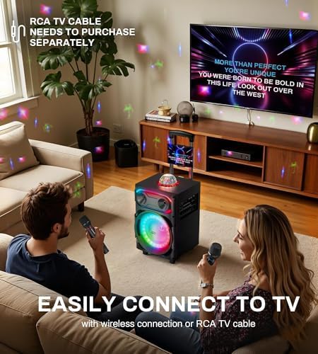 Karaoke Machine for Adults with 2 Wireless Microphones, BT PA System with Disco Ball LED Lights, Rolling Wheels, Tablet Holder, Remote Control