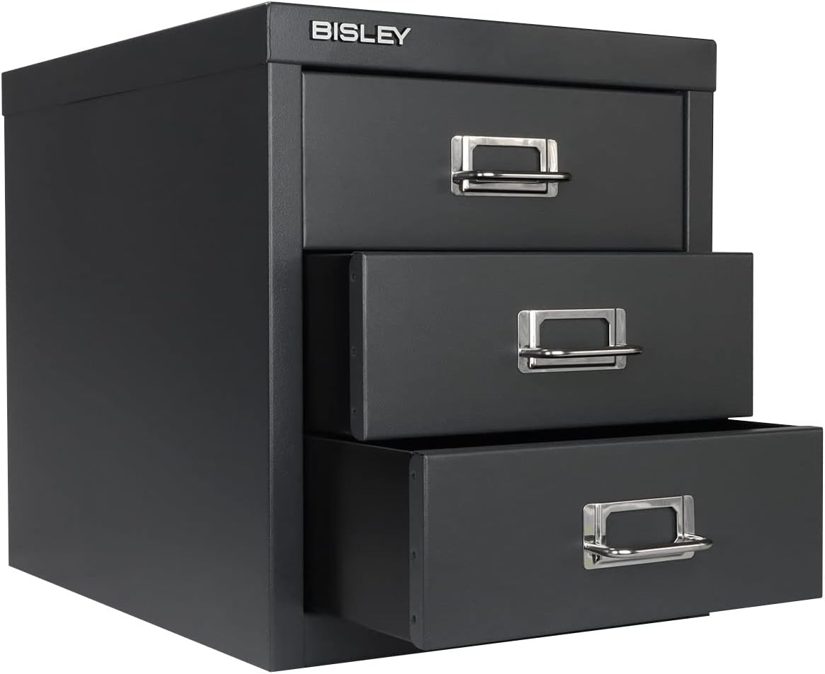 5-Drawer Steel MultiDrawer Cabinet - Orange, by Bisley | Chrome Pull Handles with Label Holders, Powder-Coated Steel, Removable Drawers, Desktop Storage, Labels Included