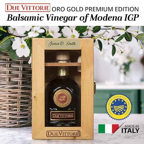 Due Vittorie Oro Gold Premium Edition Balsamic Vinegar Gift Set with Cork Pourer and Wooden Gift Box - Oak Barrel Aged Balsamic Vinegar of Modena - 8.45 fl oz