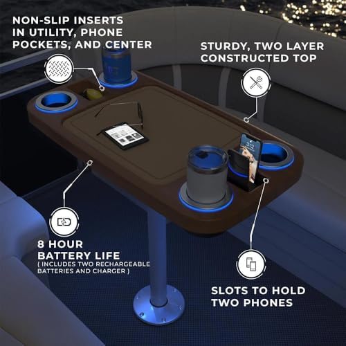 Manufacturers' Select Battery Op Lit Marine Boat Table Leg Set. Large Top with Blue LED Drink Holder. Pontoon Accessories