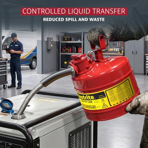 Justrite Type II Gasoline Safety Can, Red Galvanized Steel, FM Approved | Flammable Liquid Storage Can with Controlled Pouring, 5 Gallon Capacity
