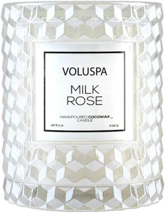 Voluspa Milk Rose, Cloche Textured Glass Candle, 8.5 Ounce, 55 Hour Burn Time, Coconut Wax for Clean Burning, Handcrafted in the USA
