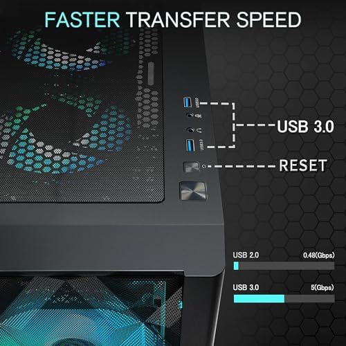 MUSETEX ATX PC Case Pre-Install 6 PWM ARGB Fans, Polygonal Mesh Computer Gaming Case, Opening Tempered Glass Side Panel Mid-Tower Case, USB 3.0 x 2
