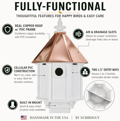 Handmade Copper Roof Bluebird House for Bluebirds & Songbirds, Made in USA (H8C) (5.5" x 5.5" Mount)