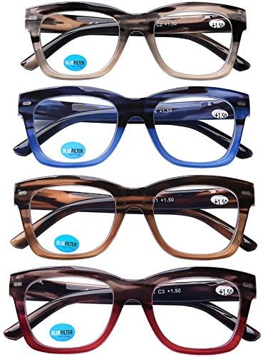 AQWANO Oversized Computer Reading Glasses Blue Light Blocking, 4 Pairs Stylish Fashion Design Anti UV Ray/Eye Strain/Glare Readers Men Women, 1.5