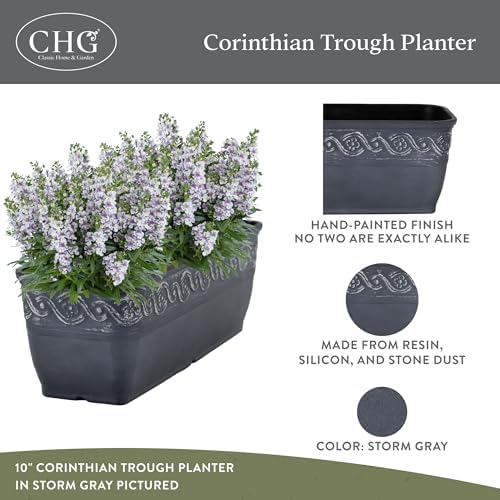 Corinthian Rectangular Planter Box w/Drain Plug, 10" Storm Gray