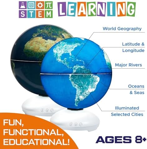 USA Toyz Illuminated World Globe with Stand - 3in1 STEM Globes for Adults and Kids, Constellation Map, Built-In LED Night Light Lamp, Easy to Read Texts, Non-Tip Base, 13.5 Inch Tall, 9 Inch Diameter
