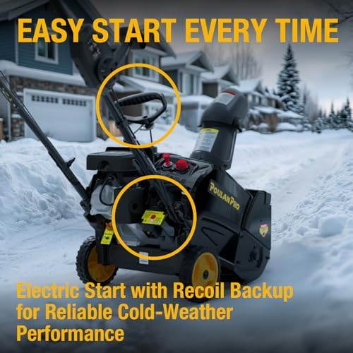 Poulan Pro Snow Blower Gas Powered, Single Stage 18 Inch Gas Snow Thrower | with Electric Start, 190° Remote Chute Control