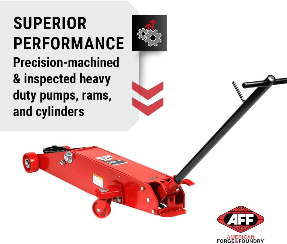 AFF 10 Ton Air Hydraulic Long Chassis Jack - for Long Overhang Vehicles | 10 T Floor Jack with Foot Pump & 3-Position Lock Handle - Ideal for Repair Shops, Bus & Truck Fleets, Heavy Duty Equipment