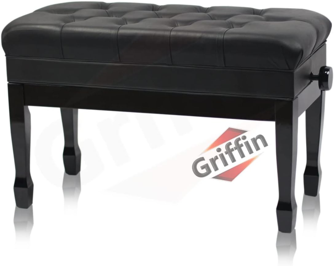 Griffin Genuine Leather Piano Bench, Oversize Duet Black Wood Frame Stool