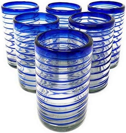Hand Blown Mexican Drinking Glasses – Set of 6 Glasses with Cobalt Blue Spiral Design (14 oz each)