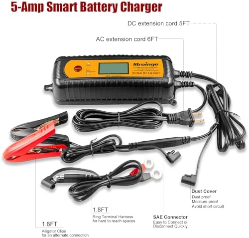 Smart Battery Charger, Mroinge 5A 6V/12V Automatic Battery Charger/Maintainer/Desulfator for Cars, SUVs, Trucks and More
