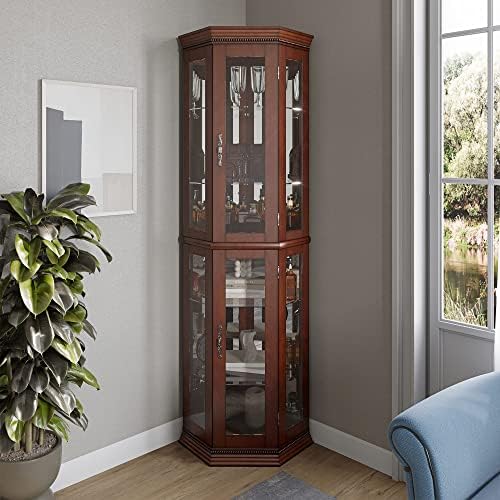 BELLEZE Lighted Wooden Corner Display Curio Cabinet, Two Section Shelving Unit with Tempered Glass Door