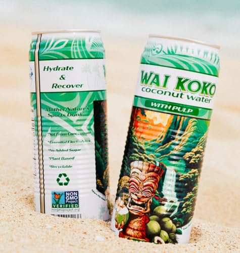 Wai Koko Coconut Water with Pulp, 17.5 Fl Oz Cans (Pack of 12) | Real coconut pulp in 100% pure coconut water