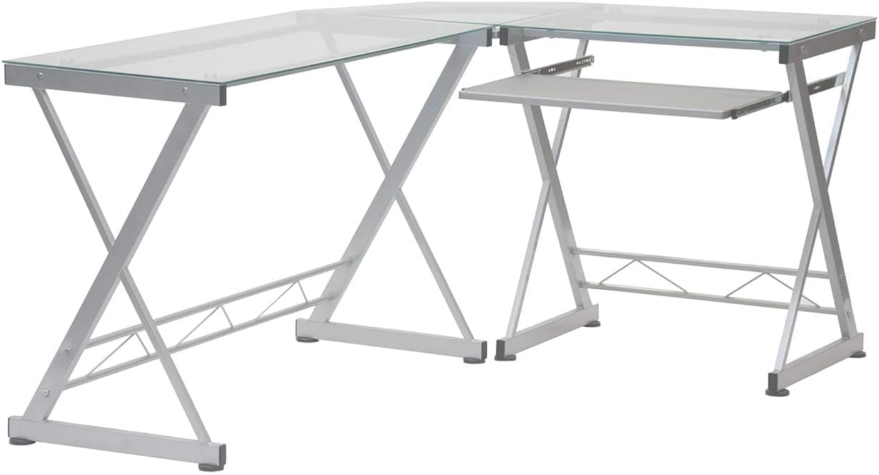 Scranton & Co Modern L-Shape Computer Desk, Glass and Steel, Clear Finish, 29.5" H x 61.75" W x 45.25" D, Reversible Design, Pull-Out Keyboard Tray