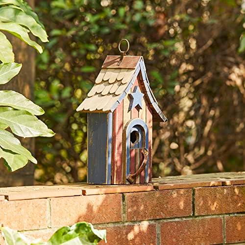 Glitzhome Birdhouses for Outdoors, Green Hand Painted Garden Wooden Bird House with Single Roof Hanging Bird House for Outside