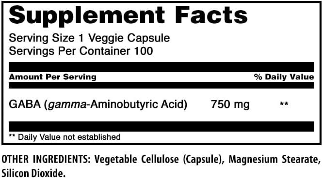 Amazing Formulas GABA Supplement | 750 Mg per Serving | 100 Veggie Capsules | Non-GMO | Gluten-Free | Made in USA | Ideal for Vegetarians