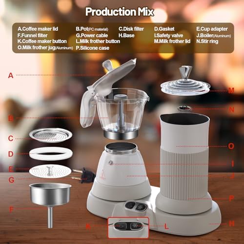 Electric Espresso Machine with Milk Frother 2 in 1 Efficient Moka Pot Coffee Maker with Milkfroth Aluminum One-Touch Operation for Effortless Cappuccinos Lattes Macchiatos White