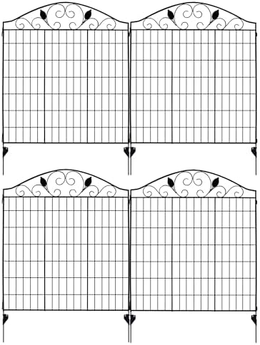 4 Pack 44" H 36" W (Linear Length 12 feet) Black Coated Heavy Duty Steel Decorative Garden Fence Each Panel with 2 Leaves