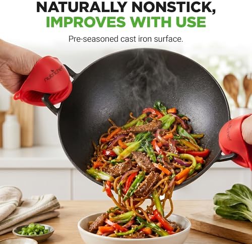 NutriChef 14" Cast Iron Wok with Wooden Lid - Pre-Seasoned Kadai for Stir-Fry with Loop Handles, Compatible with Multiple Cooktops Including Induction