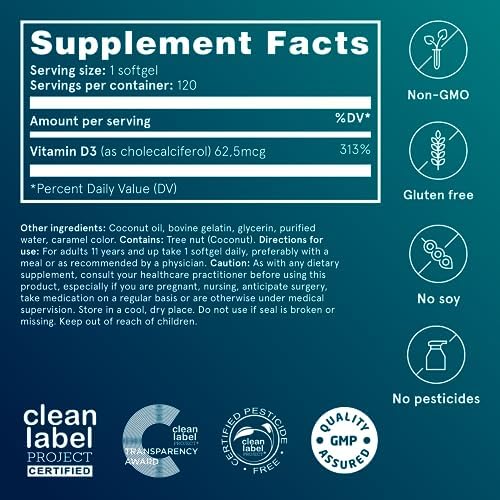 Puori Vitamin D3 Softgels for Adults, 2500 IU (62.5 mcg), 120 Count | Fast Absorbing Supplement Supports Immune System, Bone Health