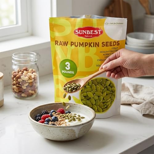 Sunbest Natural Raw Pumpkin Seeds, 2 lbs – Unsalted & Shelled – Whole Pepitas, Pumpkin Seeds to Eat – Great for Snacking, Baking & Topping – Rich in Essential Fatty Acids, Iron & Protein (32 oz)