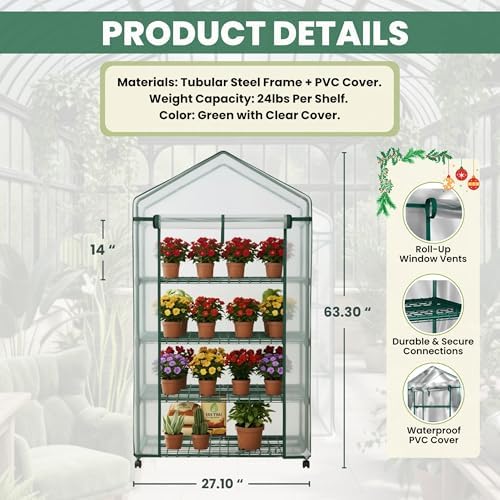 4 Tier Mini Greenhouse - Portable Greenhouse with Locking Wheels and PVC Cover for Indoor or Outdoor Green House by Pure Garden