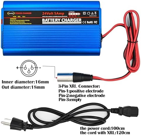 Unocho 24V 5A Battery Charger Maintainer 4-Stage Smart Lead-Acid Charger with 3-Pin XLR Connector Power Switch and LED Display for Wheelchairs Mobility Scooters AGM Gel SLA VRLA