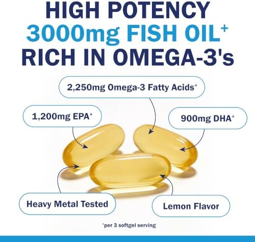 Triple Strength Omega 3 Fish Oil 3000mg for Women and Men, 90 Softgels | High Potency Omega 3 Supplement, Burpless Lemon Flavor Fish Oil - 2250mg Essential Fatty Acids with DHA & EPA, Wild Caught