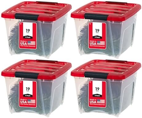 IRIS USA 2-Pack Holiday Ornament Storage Box with Attached Lid, Clear/Red