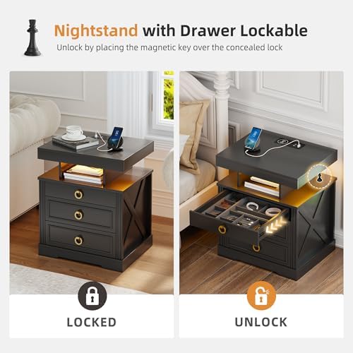 Lockable Night Stand with Gun Drawer,Charging Station,LED Lights,White | LED Nightstand with Charging Station,Farmhouse Bedside Table with 3-Color Light,End Table with 3 Drawers,Bedroom