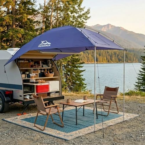 Hasika Waterproof SUV Tailgate Tent and Car Awning | Universal fit for SUVs Vans RV Trailer. Features heavy-duty suction cups, adjustable poles