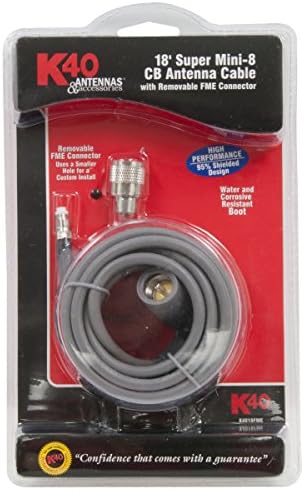 K40 K4018FME 18ft Super Mini-8 CB Antenna Cable with Removable FME Connector, Black