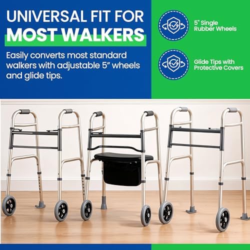 5 Inch Walker Wheels & Glides by Healthline, Fits Most Walkers, Universal Replacement Parts