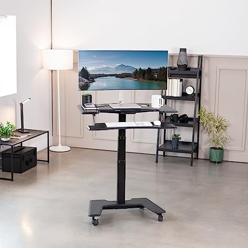 VIVO Black Electric Mobile Height Adjustable 36 inch Dual Platform Standing Desk with Wheels, Rolling Small Space Table, Sit Stand Workstation, DESK-V111VT