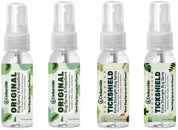 Cedarcide Original & Tickshield Family Pack | Natural Cedar & Lemongrass Oil Bug Spray | Eco-Friendly, Family-Safe Flea & Tick Repellent | Pack of 4