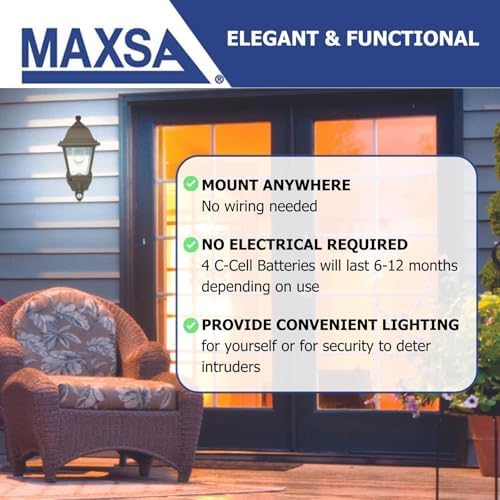 Maxsa 44219 Premium Wireless Battery-Powered Motion-Activated Decorative Outdoor Wall Sconce Lighting Fixture, Cool White LED, Metal Housing, Black