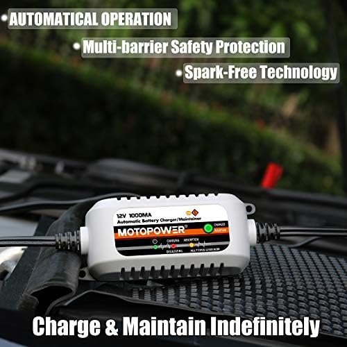 MOTOPOWER MP00205B 12V 1000mA Automatic Battery Charger, Battery Maintainer, Trickle Charger, and Battery Desulfator with Timer Protection - Grey