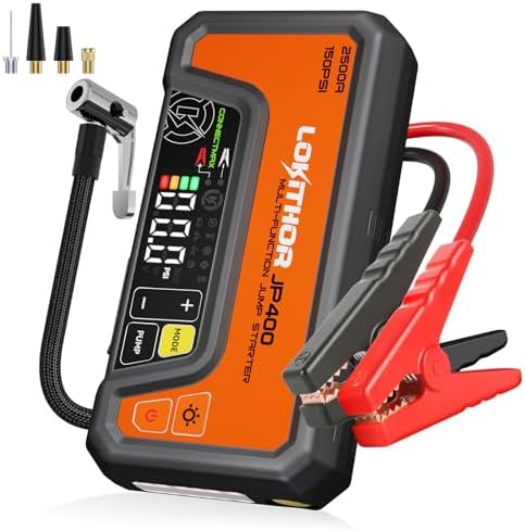 LOKITHOR JP400 Jump Starter with Air Compressor for 8.5L Gas/6.5L Diesel | 2500A 12V Portable Jumper Starter for Car, 150PSI Tire Inflator, 300 Lumen LED Light, Power Bank, ConnectMax, Jumper Cables
