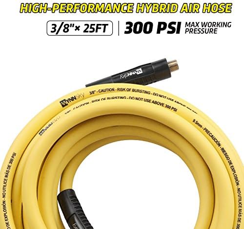 3/8" Hybrid Air Hose 50ft 1/4" MNPT Air Compressor Hose Heavy Duty Lightweight Hybrid and Bend Restrictor Fittings