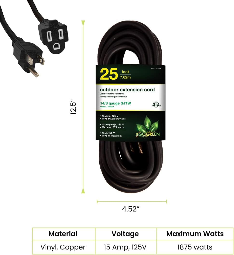Go Green Power Inc. (GG-14025) 12/3 SJTW Outdoor Extension Cord, Lighted End, 25 ft